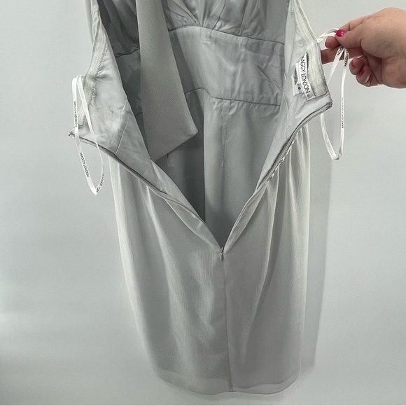 Maggie London Light Grey Silver Halter Tie Faux Wrap Chiffon Mini Dress Size 8 - Picture 5 of 5
